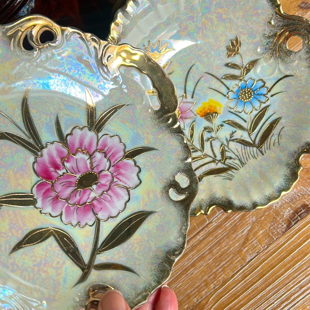 2 Vintage Trimont Ware Lustreware Hand Painted Scalloped Plate Japan